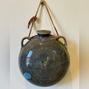 Vintage Vase Handcrafted Pottery Canteen Leather Accent Wall Hanging Signed